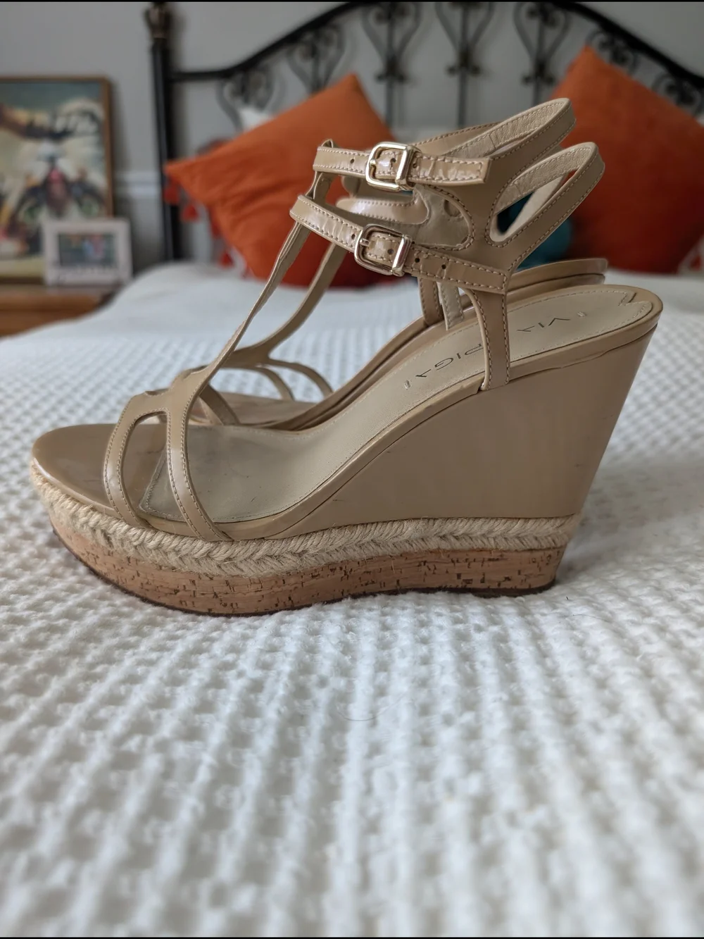 Via Spiga Nude Patent Espadrille Wedge Sandals